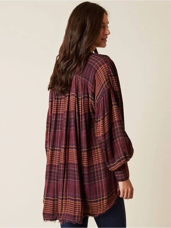 Free People Come on Over Oversized Plaid Button Down Flannel Womens Size Medium - Picture 2 of 9